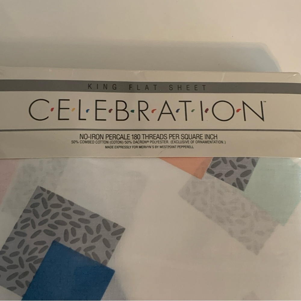 VTG Celebration Percale King Flat Sheet Multicolor Shadow Box 90’s Mervyn’s USA - Picture 9 of 11